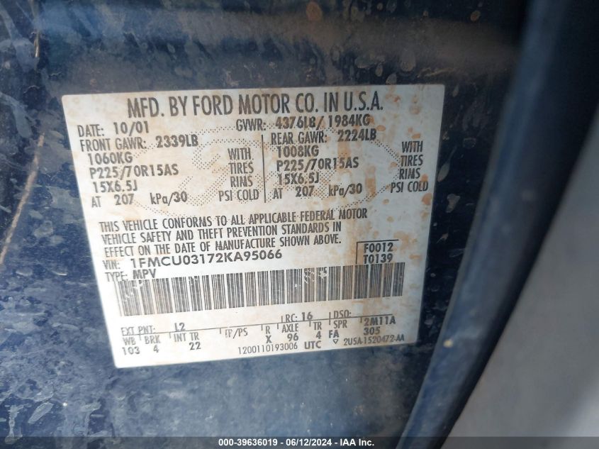 2002 Ford Escape Xlt VIN: 1FMCU03172KA95066 Lot: 39636019