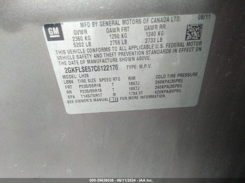 2012 GMC Terrain Sle-2 VIN: 2GKFLSE57C6122176 Lot: 39636036