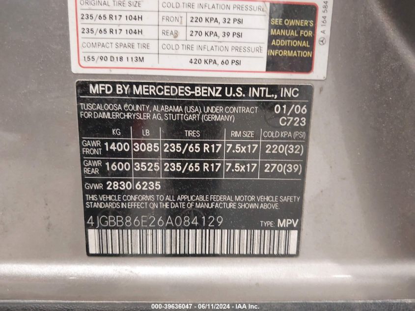 2006 Mercedes-Benz Ml 350 4Matic VIN: 4JGBB86E26A084129 Lot: 39636047