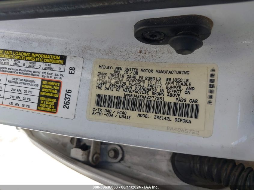 2010 Toyota Corolla S/Le/Xle VIN: 1NXBU4EEXAZ277561 Lot: 39636063