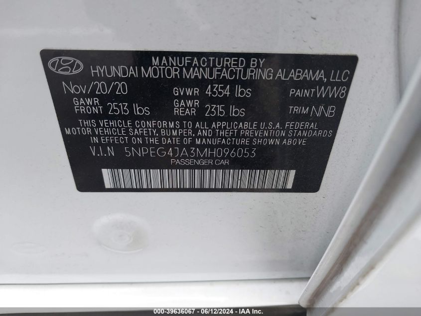 2021 Hyundai Sonata Se VIN: 5NPEG4JA3MH096053 Lot: 39636067