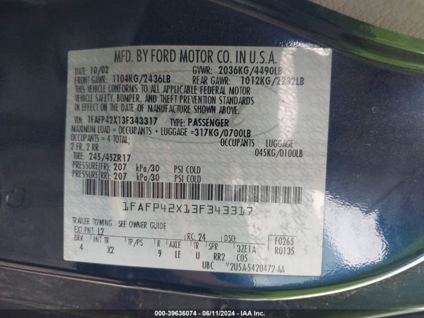 2003 Ford Mustang Gt VIN: 1FAFP42X13F343317 Lot: 39636074