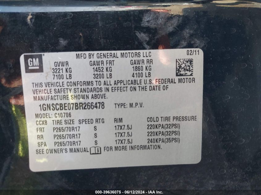 2011 Chevrolet Tahoe Lt VIN: 1GNSCBE07BR266478 Lot: 39636075