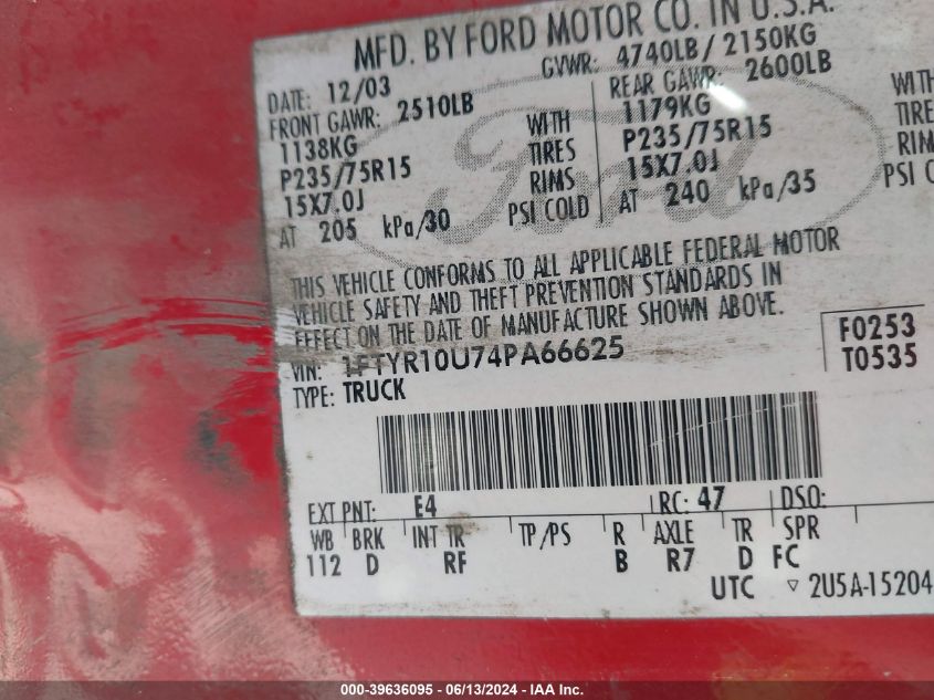 2004 Ford Ranger Edge/Xl/Xlt VIN: 1FTYR10U74PA66625 Lot: 39636095