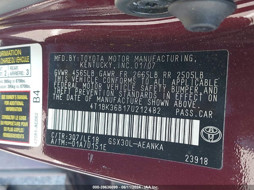 2007 Toyota Avalon Xl/Xls/Touring/Limited VIN: 4T1BK36B17U212482 Lot: 39636099