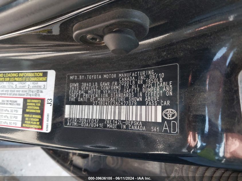 2010 Toyota Corolla S VIN: 2T1BU4EE2AC427079 Lot: 39636105