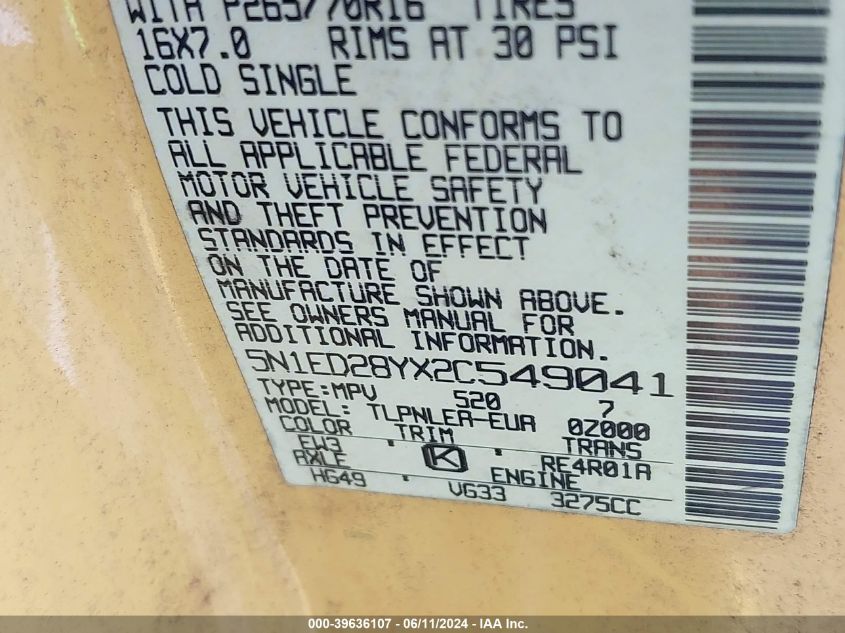 2002 Nissan Xterra Xe VIN: 5N1ED28YX2C549041 Lot: 39636107