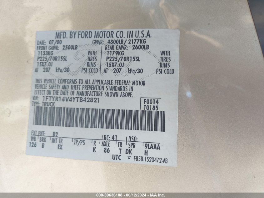 2000 Ford Ranger Xl/Xlt VIN: 1FTYR14V4YTB42821 Lot: 39636108