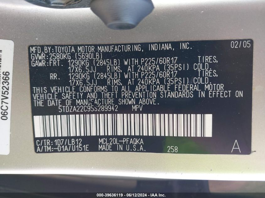 2005 Toyota Sienna Xle VIN: 5TDZA22C95S289942 Lot: 39636119