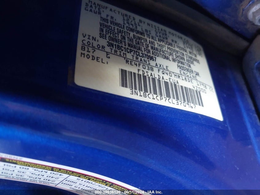 2012 Nissan Versa 1.8 S VIN: 3N1BC1CP7CL370967 Lot: 39636120