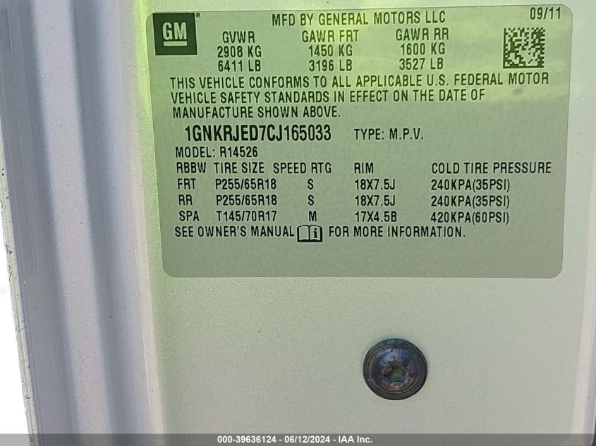 2012 Chevrolet Traverse 2Lt VIN: 1GNKRJED7CJ165033 Lot: 39636124