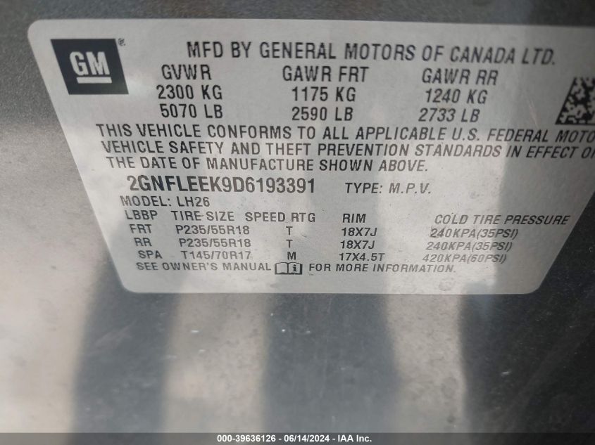 2013 Chevrolet Equinox 1Lt VIN: 2GNFLEEK9D6193391 Lot: 39636126