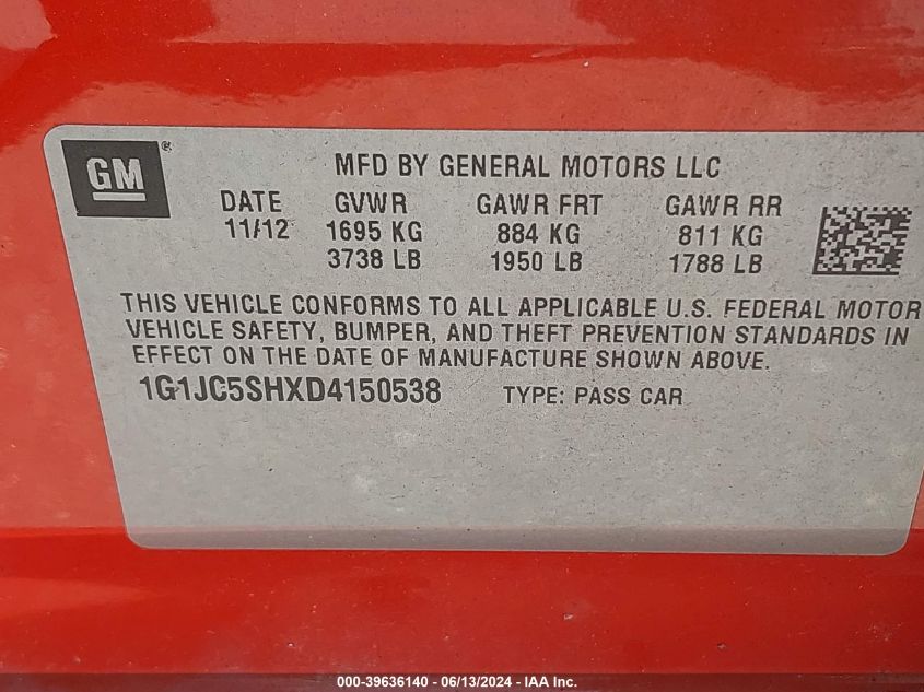 2013 Chevrolet Sonic Lt Auto VIN: 1G1JC5SHXD4150538 Lot: 39636140