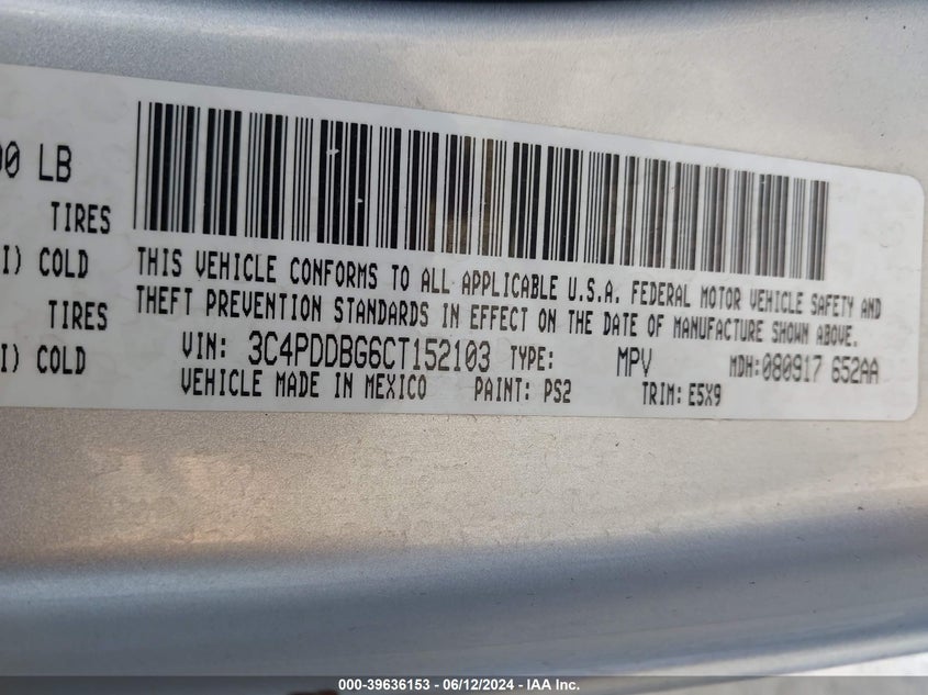 2012 Dodge Journey Sxt VIN: 3C4PDDBG6CT152103 Lot: 39636153