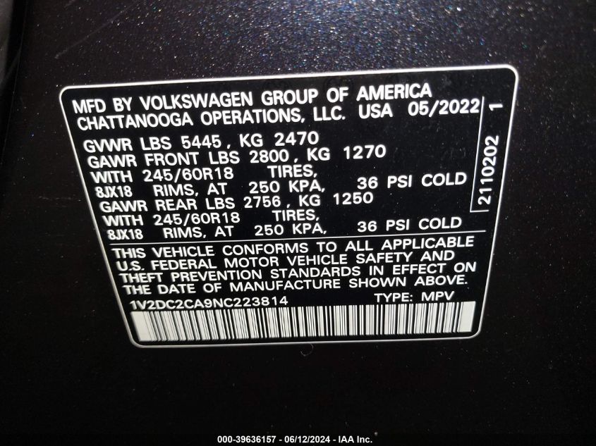 2022 Volkswagen Atlas Cross Sport 2.0T Se VIN: 1V2DC2CA9NC223814 Lot: 39636157