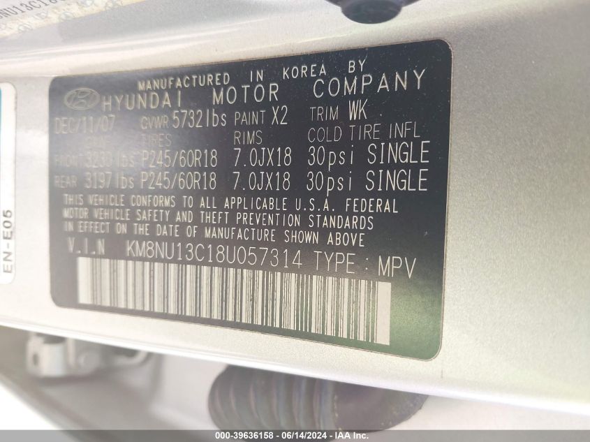 2008 Hyundai Veracruz Gls/Limited/Se VIN: KM8NU13C18U057314 Lot: 39636158