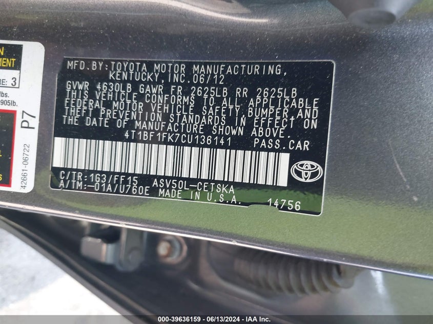 2012 Toyota Camry Se VIN: 2HGFG12638H518433 Lot: 39636159