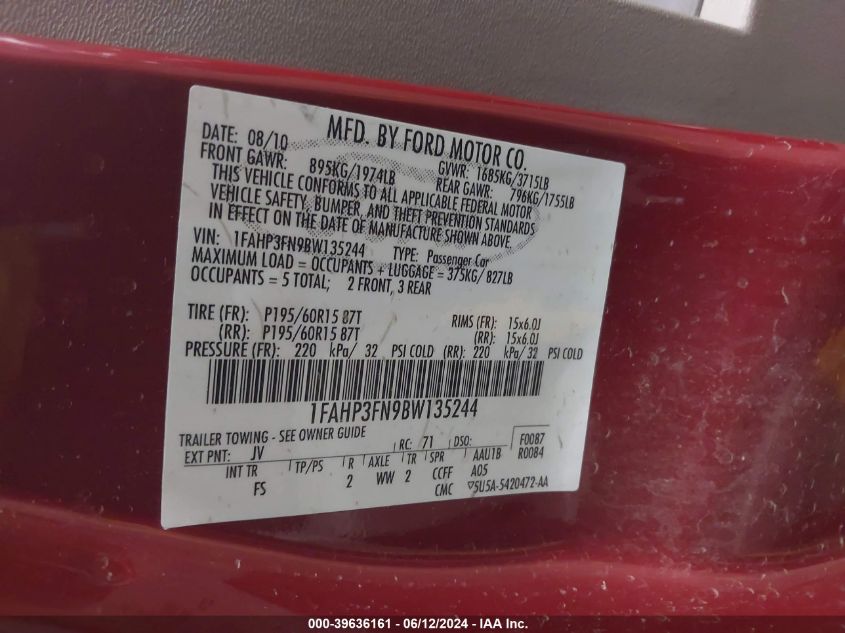 2011 Ford Focus Se VIN: 1FAHP3FN9BW135244 Lot: 39636161