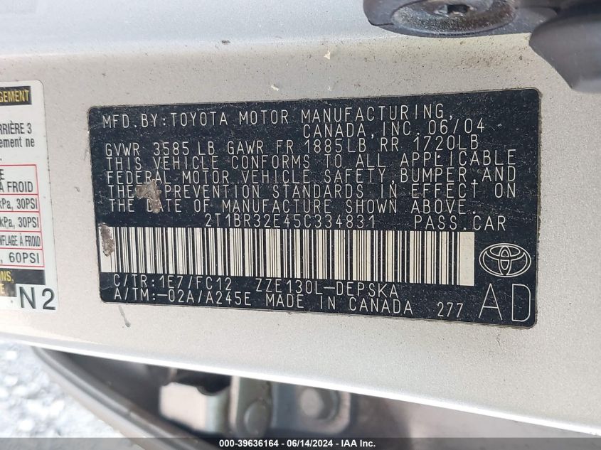 2005 Toyota Corolla S VIN: 2T1BR32E45C334831 Lot: 39636164