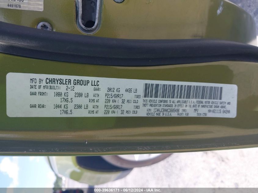 2012 Jeep Compass Sport VIN: 1C4NJCBA0CD605496 Lot: 39636171