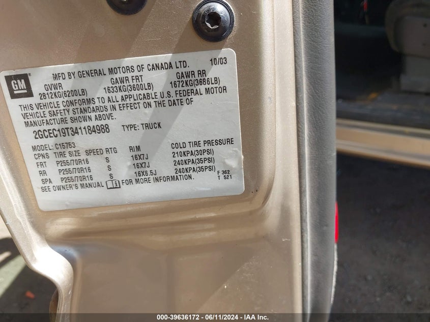 2004 Chevrolet Silverado C1500 VIN: 2GCEC19T341184988 Lot: 39636172