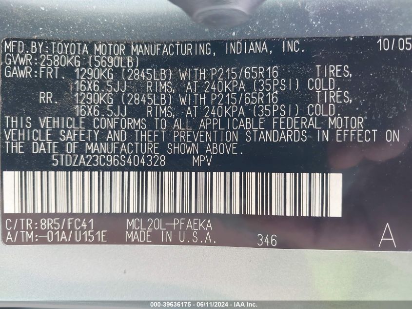 2006 Toyota Sienna Le VIN: 5TDZA23C96S404328 Lot: 39636175