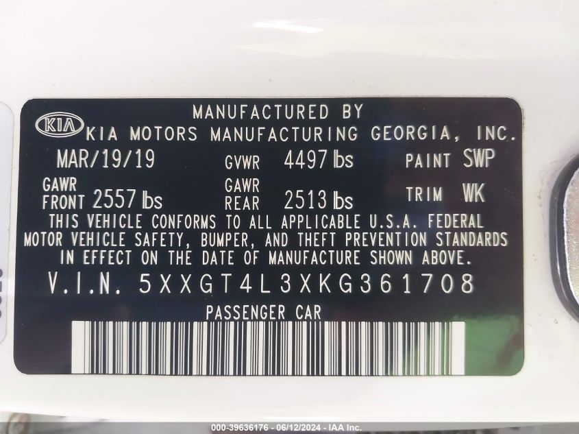 2019 Kia Optima S VIN: 5XXGT4L3XKG361708 Lot: 39636176