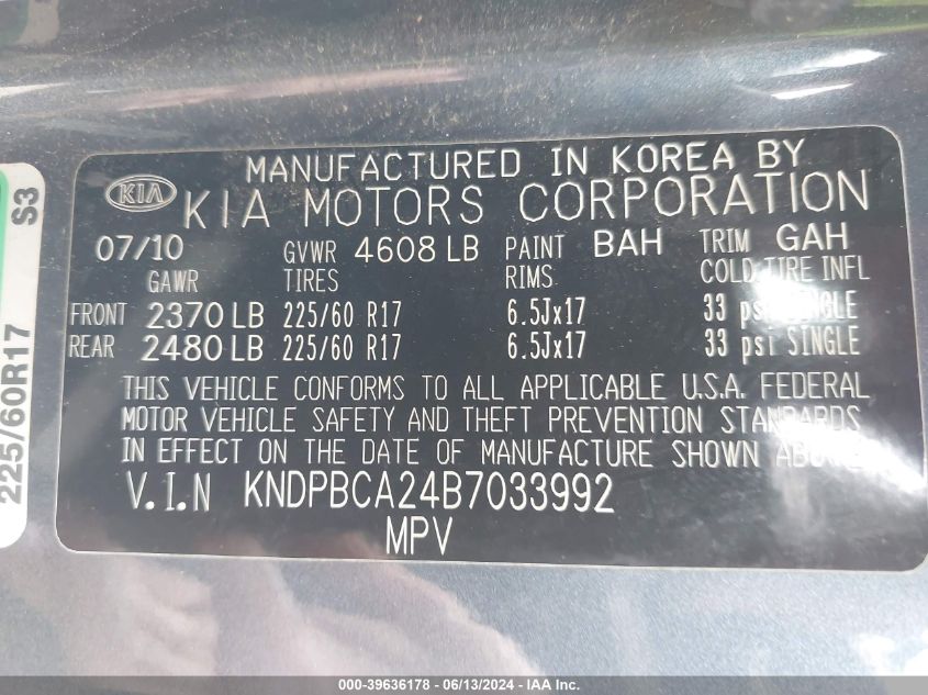 2011 Kia Sportage Lx VIN: KNDPBCA24B7033992 Lot: 39636178