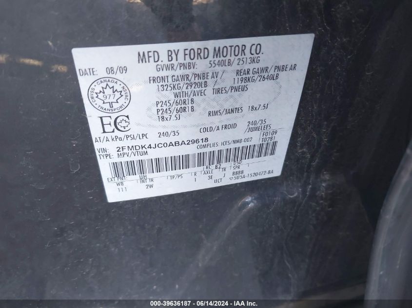 2010 Ford Edge Sel VIN: 2FMDK4JC0ABA29618 Lot: 39636187