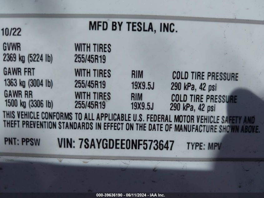 2022 Tesla Model Y Long Range Dual Motor All-Wheel Drive VIN: 7SAYGDEE0NF573647 Lot: 39636190