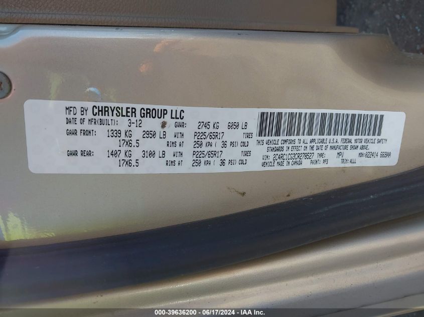 2012 Chrysler Town & Country Touring-L VIN: 2C4RC1CG3CR278527 Lot: 39636200