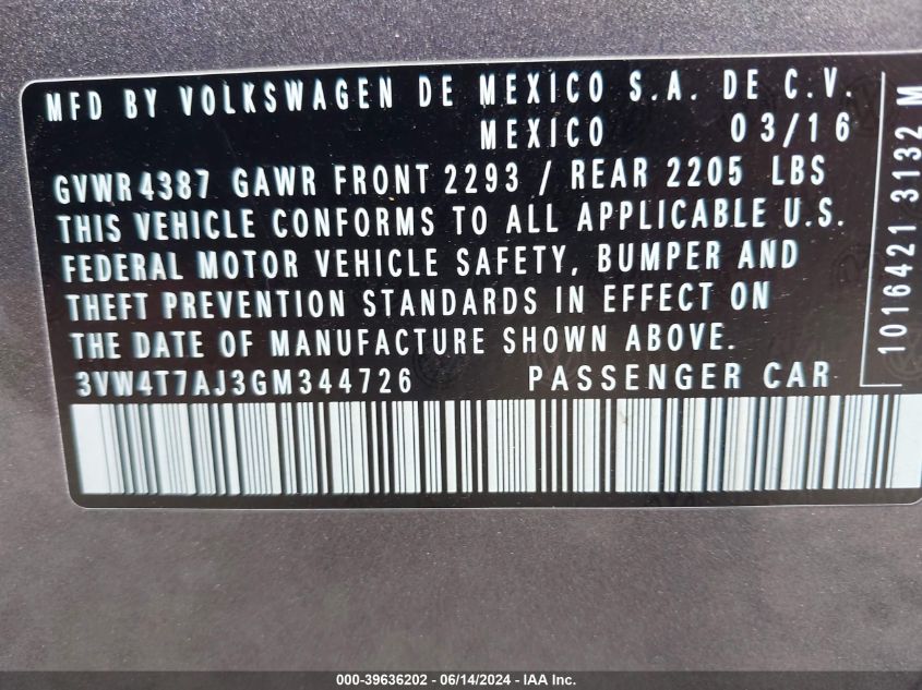 2016 Volkswagen Jetta 2.0T Gli Se VIN: 3VW4T7AJ3GM344726 Lot: 39636202