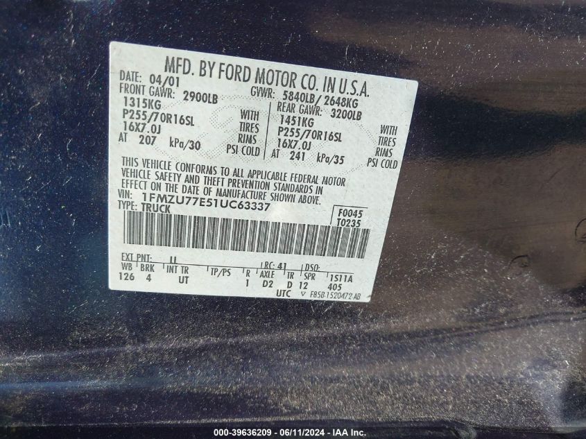 2001 Ford Explorer Sport Trac VIN: 1FMZU77E51UC63337 Lot: 39636209