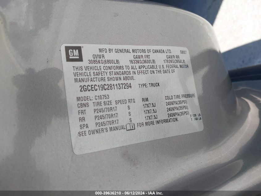 2008 Chevrolet Silverado 1500 Lt1 VIN: 2GCEC19C281137294 Lot: 39636210