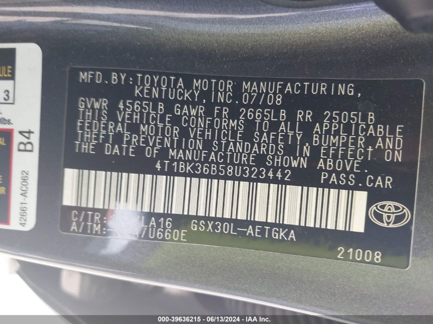 2008 Toyota Avalon Xls VIN: 4T1BK36B58U323442 Lot: 39636215