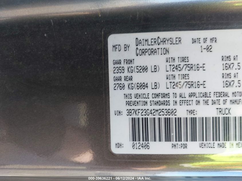 2002 Dodge Ram 2500 St VIN: 3B7KF23642M253602 Lot: 39636221