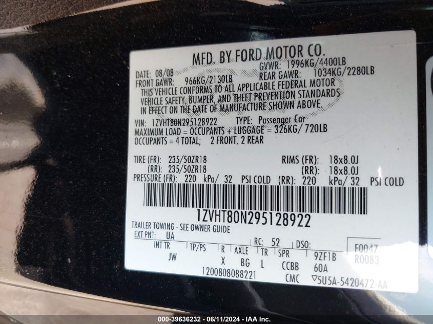 2009 Ford Mustang V6/V6 Premium VIN: 1ZVHT80N295128922 Lot: 39636232