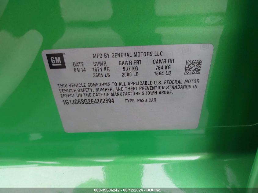 2014 Chevrolet Sonic Lt Auto VIN: 1G1JC6SG2E4202694 Lot: 39636242