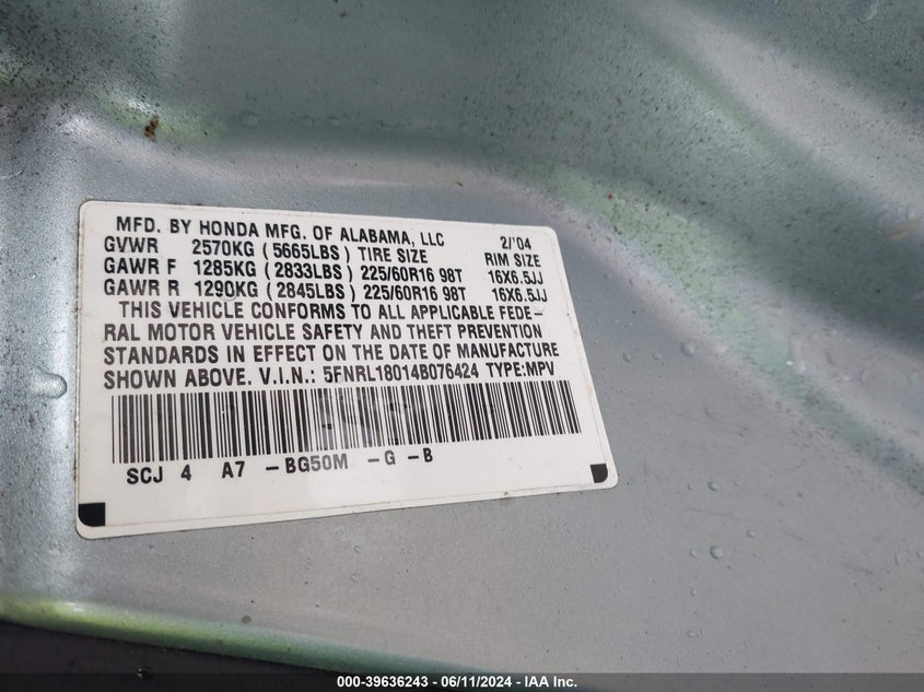 2004 Honda Odyssey Ex-L VIN: 5FNRL18014B076424 Lot: 39636243