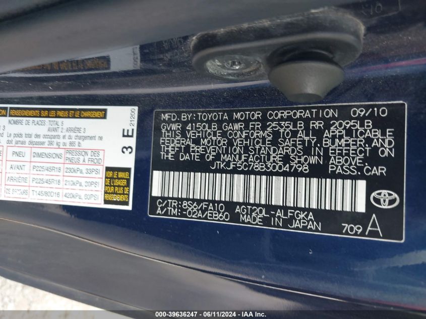 2011 Scion Tc VIN: JTKJF5C78B3004798 Lot: 39636247