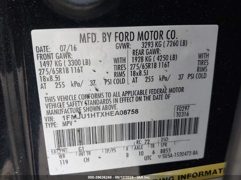 2017 Ford Expedition Xlt VIN: 1FMJU1HTXHEA08758 Lot: 39636248