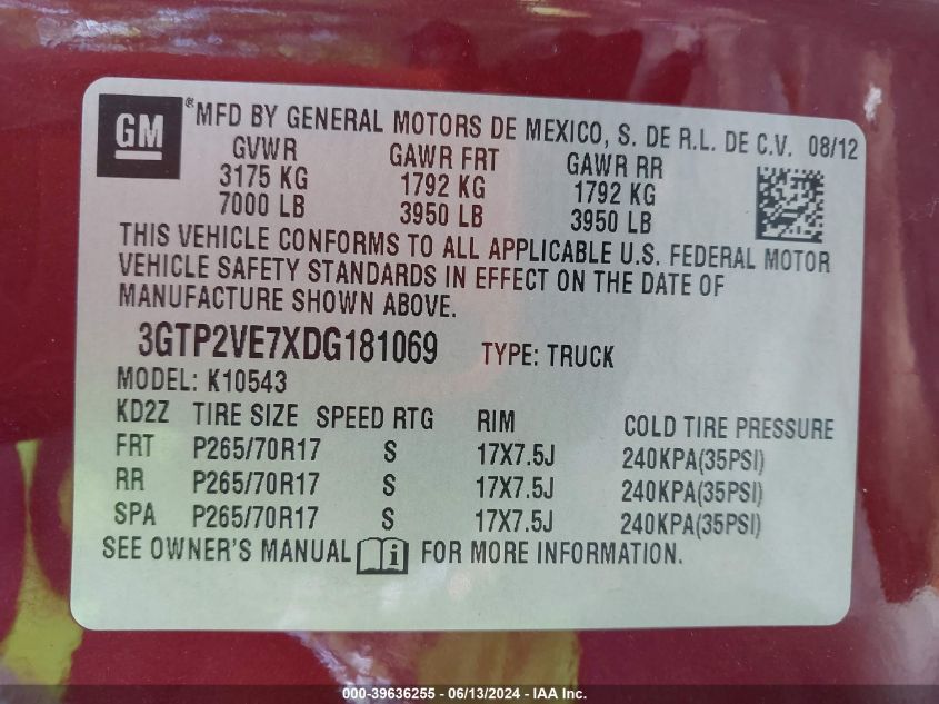 2013 GMC Sierra 1500 Sle VIN: 3GTP2VE7XDG181069 Lot: 39636255