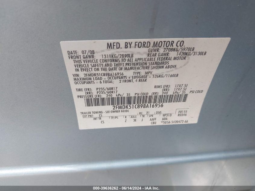 2009 Ford Flex Se VIN: 2FMDK51C89BA16956 Lot: 39636262