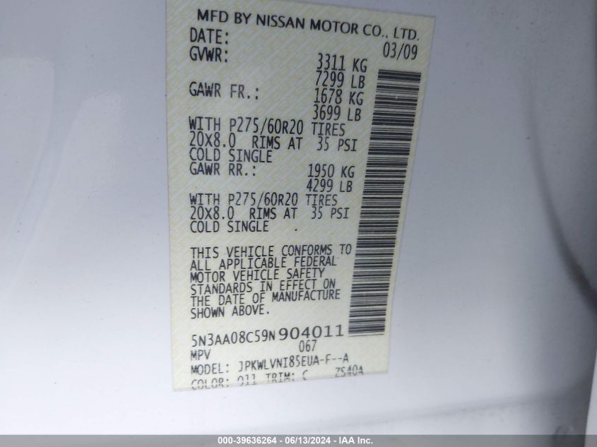 2009 Infiniti Qx56 VIN: 5N3AA08C59N904011 Lot: 39636264