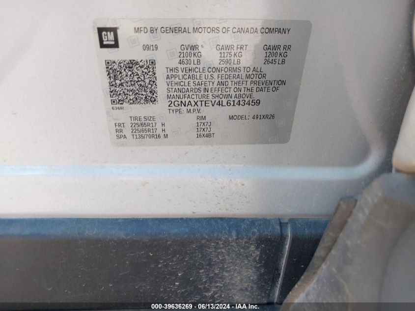 2020 Chevrolet Equinox Awd 2Fl VIN: 2GNAXTEV4L6143459 Lot: 39636269