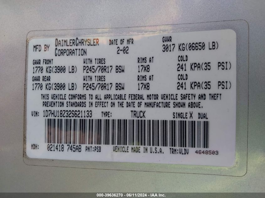 2002 Dodge Ram 1500 St VIN: 1D7HU18Z32S621133 Lot: 39636270