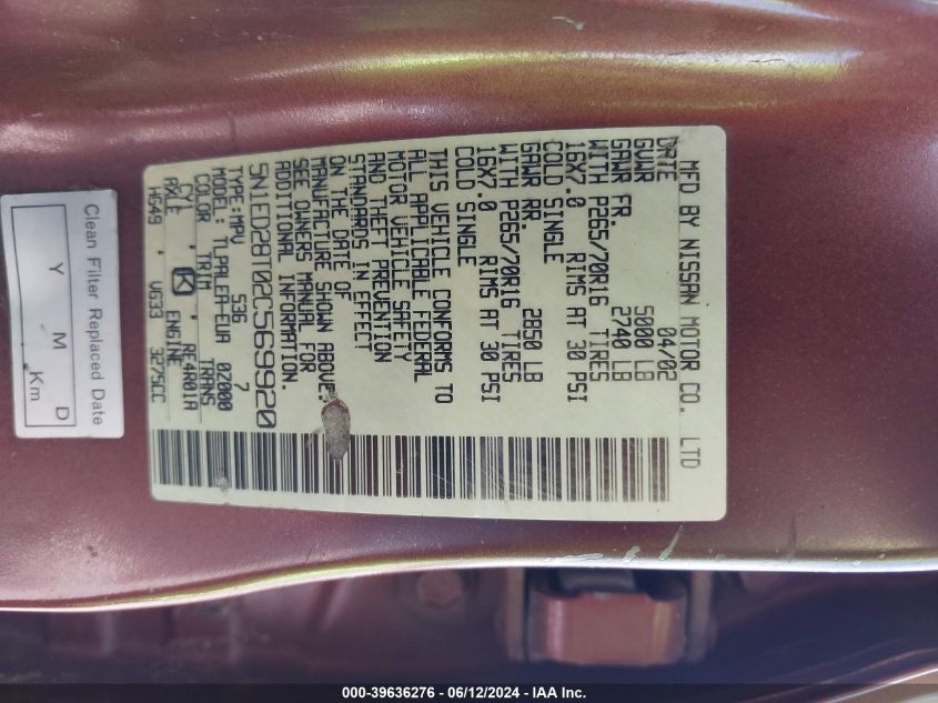 2002 Nissan Xterra Xe VIN: 5N1ED28T02C569920 Lot: 39636276