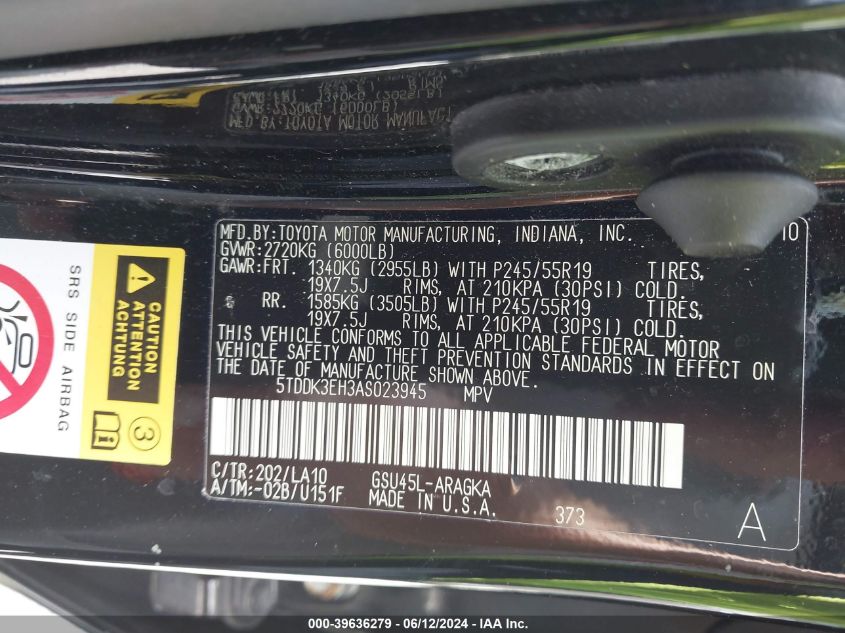 2010 Toyota Highlander Limited V6 VIN: 5TDDK3EH3AS023945 Lot: 39636279