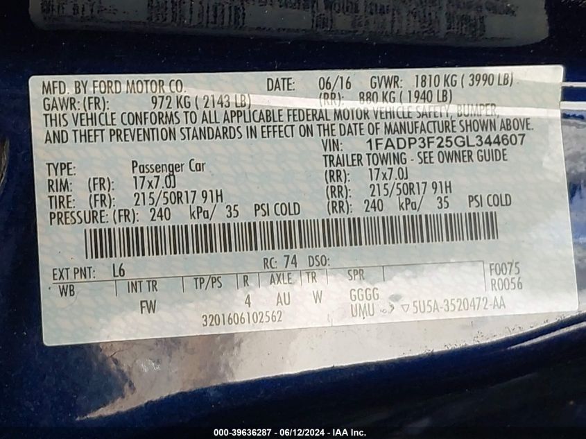2016 Ford Focus Se VIN: 1FADP3F25GL344607 Lot: 39636287