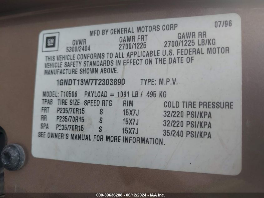 1996 Chevrolet Blazer VIN: 1GNDT13W7T2303890 Lot: 39636288